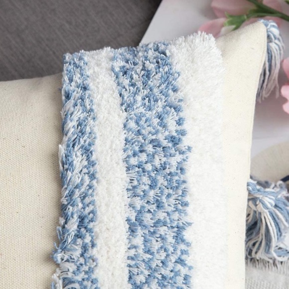 Luxury Home | Boho Chic Blue & White Tufted Woven Tassel Lumbar Pillow Cover - Picture 2 of 7